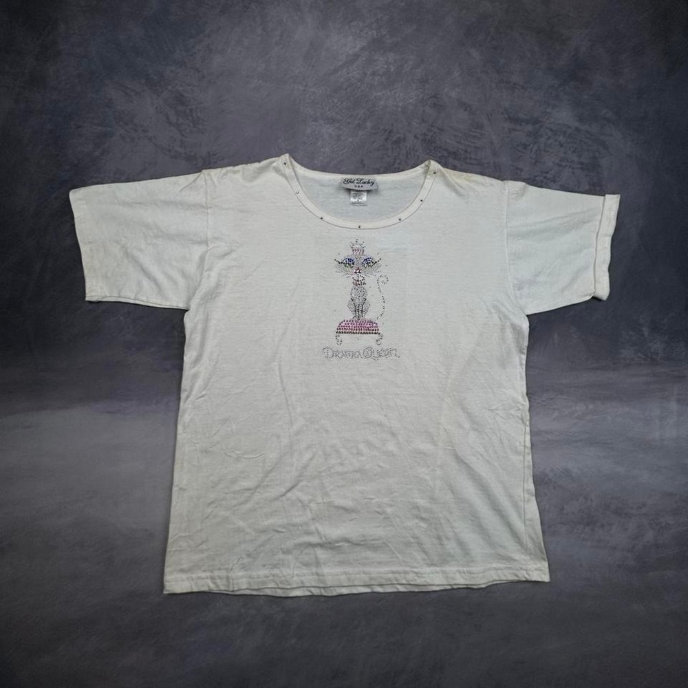 Vintage Y2K Get Lucky White Rhinestone Cross Baby Tee Womens M Graphic